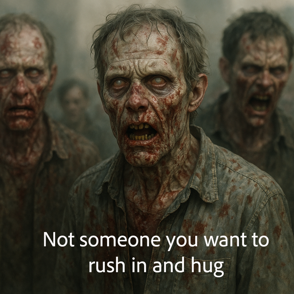 A group of zombies with blood on their face</p>
<p>AI-generated content may be incorrect.