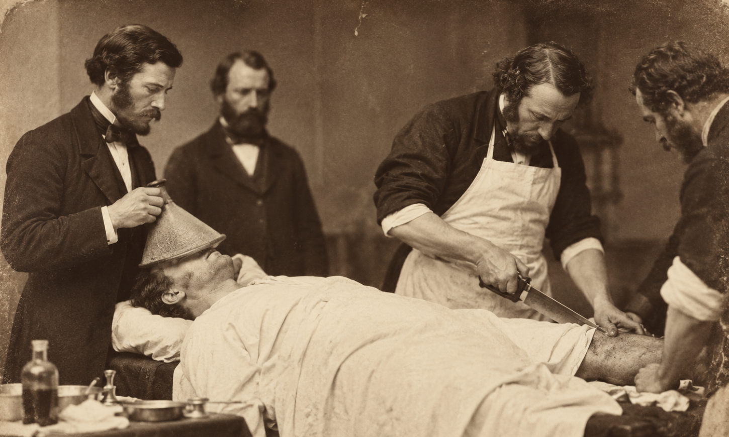 An ether cone in action. Ether was poured onto absorbent material in the cone, and the patient inhaled the vapor until unconscious. Odd-looking for sure, but it transformed surgery.